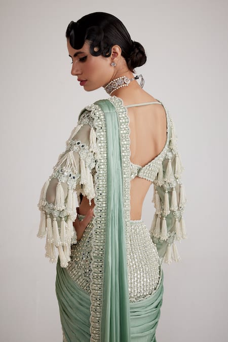 Vvani By Vani Vats Pre-Draped Saree With Chandelier Pearl Drop Blouse 