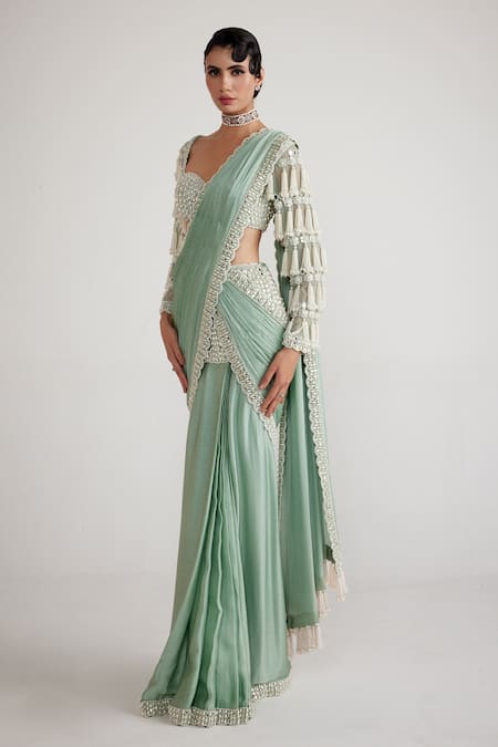 Vvani By Vani Vats_Green Georgette, Satin, Chiffon Pre-draped Saree With Chandelier Drop Blouse _Online_at_Aza_Fashions
