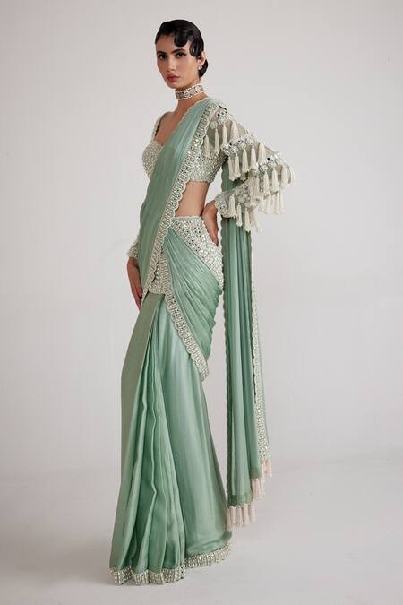 Buy_Vvani By Vani Vats_Green Georgette, Satin, Chiffon Pre-draped Saree With Chandelier Drop Blouse _Online_at_Aza_Fashions