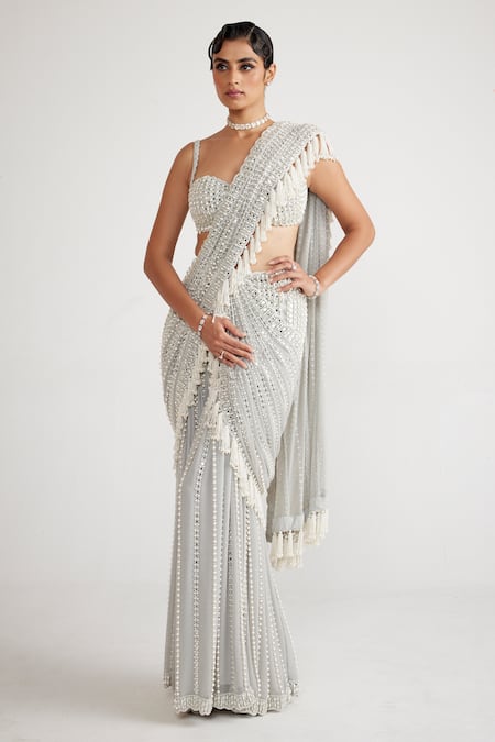 Vvani By Vani Vats Chandelier Pearl Drop Pre-Draped Saree With Blouse 