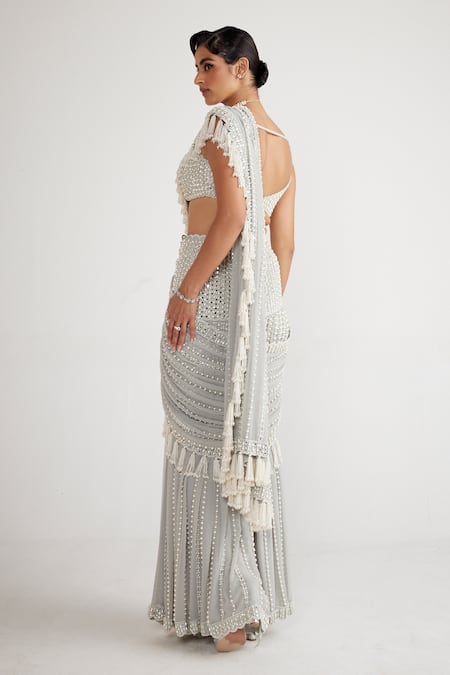 Vvani By Vani Vats Chandelier Pearl Drop Pre-Draped Saree With Blouse 