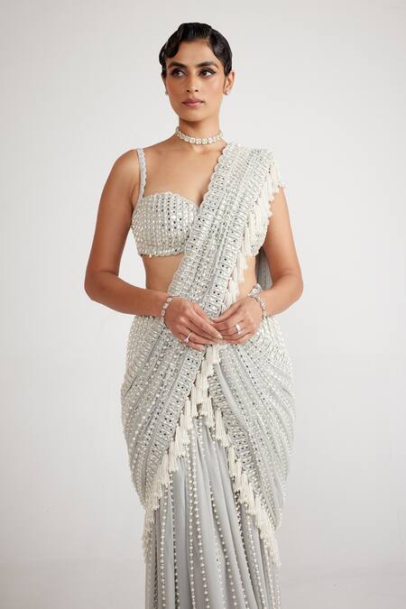 Vvani By Vani Vats_Grey Georgette Pearls, Embroidery, Chandelier Drop Pre-draped Saree With Blouse _Online_at_Aza_Fashions