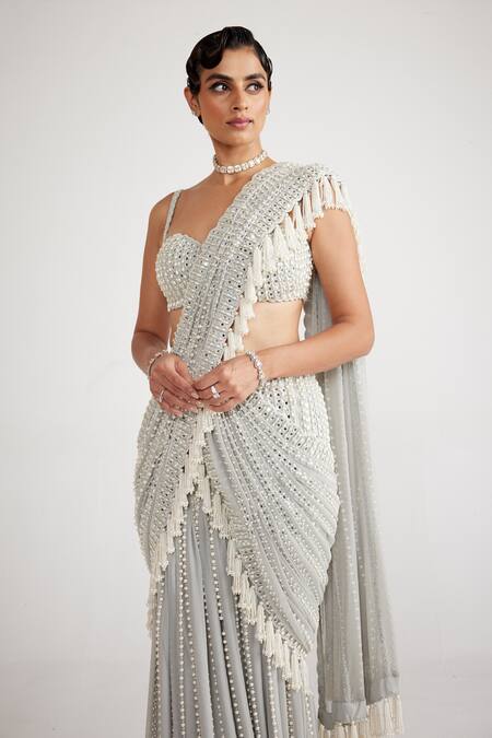 Buy_Vvani By Vani Vats_Grey Georgette Pearls, Embroidery, Chandelier Drop Pre-draped Saree With Blouse _Online_at_Aza_Fashions