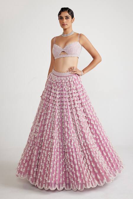 Buy_Vvani By Vani Vats_Pink Georgette, Net Pearls Sweetheart Chandelier Tassel Work Bridal Lehenga Set _Online_at_Aza_Fashions