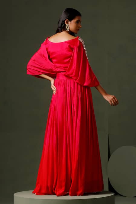 Shop_Two Sisters By Gyans_Pink Chiffon Sequins, Pearls, Beads Boat Sleeve Embellished Crop Top And Skirt Set _at_Aza_Fashions