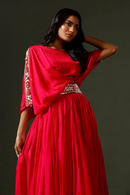 Two Sisters By Gyans_Pink Chiffon Sequins, Pearls, Beads Boat Sleeve Embellished Crop Top And Skirt Set _Online_at_Aza_Fashions