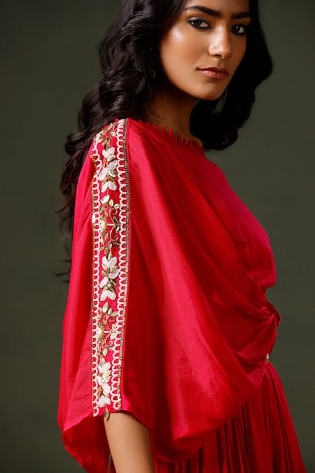 Buy_Two Sisters By Gyans_Pink Chiffon Sequins, Pearls, Beads Boat Sleeve Embellished Crop Top And Skirt Set _Online_at_Aza_Fashions