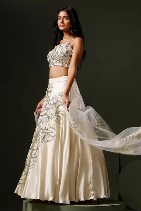 Two Sisters By Gyans White Satin, Silk, Net Sequins, Embroidery Square Phool Applique Lehenga Set Online at Aza Fashions Two Sisters By Gyans_White Satin, Silk, Net Sequins, Embroidery Square Phool Applique Lehenga Set _Online_at_Aza_Fashions