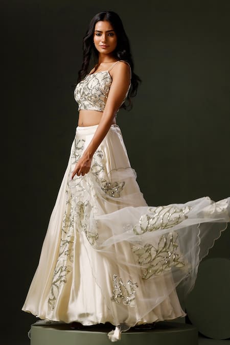 Shop Two Sisters By Gyans White Satin, Silk, Net Sequins, Embroidery Square Phool Applique Lehenga Set Online at Aza Fashions Shop_Two Sisters By Gyans_White Satin, Silk, Net Sequins, Embroidery Square Phool Applique Lehenga Set _Online_at_Aza_Fashions