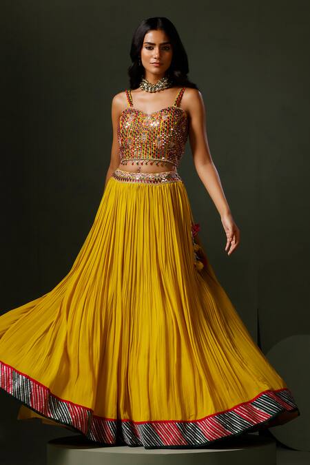 Buy Two Sisters By Gyans Yellow Georgette Crystals, Mirrors, Nimbu Mirchi Embellished Cape Lehenga Set Online at Aza Fashions Buy_Two Sisters By Gyans_Yellow Georgette Crystals, Mirrors, Nimbu Mirchi Embellished Cape Lehenga Set _Online_at_Aza_Fashions