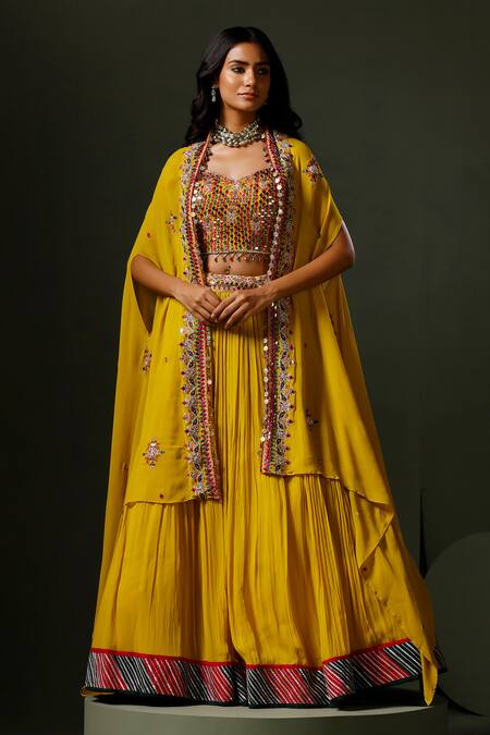 Shop Two Sisters By Gyans Yellow Georgette Crystals, Mirrors, Nimbu Mirchi Embellished Cape Lehenga Set Online at Aza Fashions Shop_Two Sisters By Gyans_Yellow Georgette Crystals, Mirrors, Nimbu Mirchi Embellished Cape Lehenga Set _Online_at_Aza_Fashions