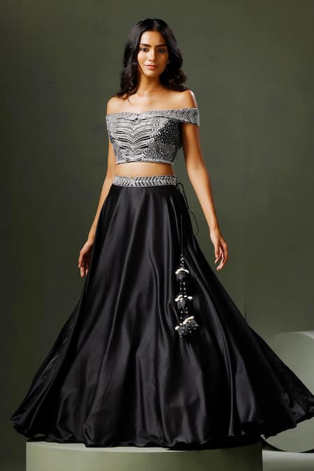 Two Sisters By Gyans Black Satin, Silk Sequins, Beads Waistband Embroidered Lehenga And Blouse Set Online at Aza Fashions Two Sisters By Gyans_Black Satin, Silk Sequins, Beads Waistband Embroidered Lehenga And Blouse Set _Online_at_Aza_Fashions