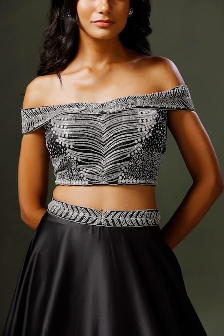 Two Sisters By Gyans Black Satin, Silk Sequins, Beads Waistband Embroidered Lehenga And Blouse Set at Aza Fashions Two Sisters By Gyans_Black Satin, Silk Sequins, Beads Waistband Embroidered Lehenga And Blouse Set _at_Aza_Fashions