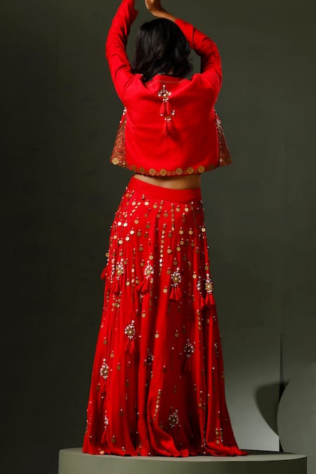 Shop Two Sisters By Gyans Red Silk Pearls, Sequins, Tassels Son Chidiya Embellished Jacket Lehenga Set at Aza Fashions Shop_Two Sisters By Gyans_Red Silk Pearls, Sequins, Tassels Son Chidiya Embellished Jacket Lehenga Set _at_Aza_Fashions