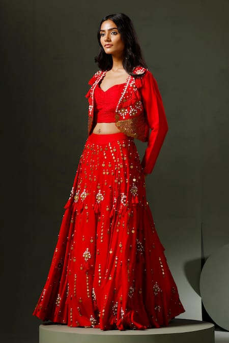 Two Sisters By Gyans Red Silk Pearls, Sequins, Tassels Son Chidiya Embellished Jacket Lehenga Set Online at Aza Fashions Two Sisters By Gyans_Red Silk Pearls, Sequins, Tassels Son Chidiya Embellished Jacket Lehenga Set _Online_at_Aza_Fashions