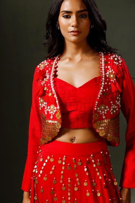 Buy Two Sisters By Gyans Red Silk Pearls, Sequins, Tassels Son Chidiya Embellished Jacket Lehenga Set Online at Aza Fashions Buy_Two Sisters By Gyans_Red Silk Pearls, Sequins, Tassels Son Chidiya Embellished Jacket Lehenga Set _Online_at_Aza_Fashions