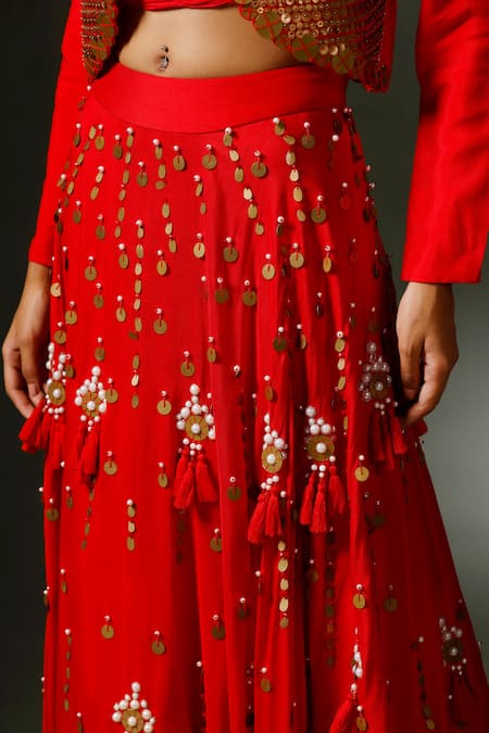 Shop Two Sisters By Gyans Red Silk Pearls, Sequins, Tassels Son Chidiya Embellished Jacket Lehenga Set Online at Aza Fashions Shop_Two Sisters By Gyans_Red Silk Pearls, Sequins, Tassels Son Chidiya Embellished Jacket Lehenga Set _Online_at_Aza_Fashions