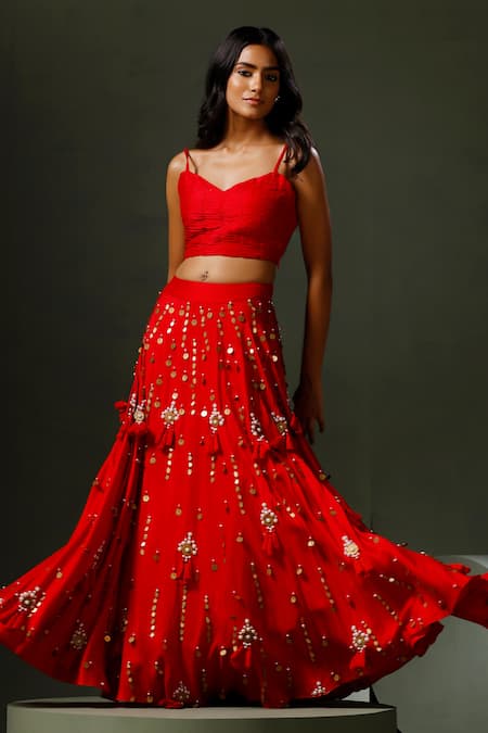 Two Sisters By Gyans Red Silk Pearls, Sequins, Tassels Son Chidiya Embellished Jacket Lehenga Set at Aza Fashions Two Sisters By Gyans_Red Silk Pearls, Sequins, Tassels Son Chidiya Embellished Jacket Lehenga Set _at_Aza_Fashions
