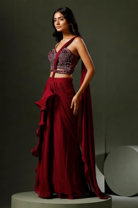 Two Sisters By Gyans Wine Georgette Sequins, Embroidery Ruffle Pre-draped Saree With Blouse Online at Aza Fashions Two Sisters By Gyans_Wine Georgette Sequins, Embroidery Ruffle Pre-draped Saree With Blouse _Online_at_Aza_Fashions