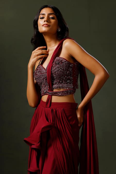 Buy Two Sisters By Gyans Wine Georgette Sequins, Embroidery Ruffle Pre-draped Saree With Blouse Online at Aza Fashions Buy_Two Sisters By Gyans_Wine Georgette Sequins, Embroidery Ruffle Pre-draped Saree With Blouse _Online_at_Aza_Fashions