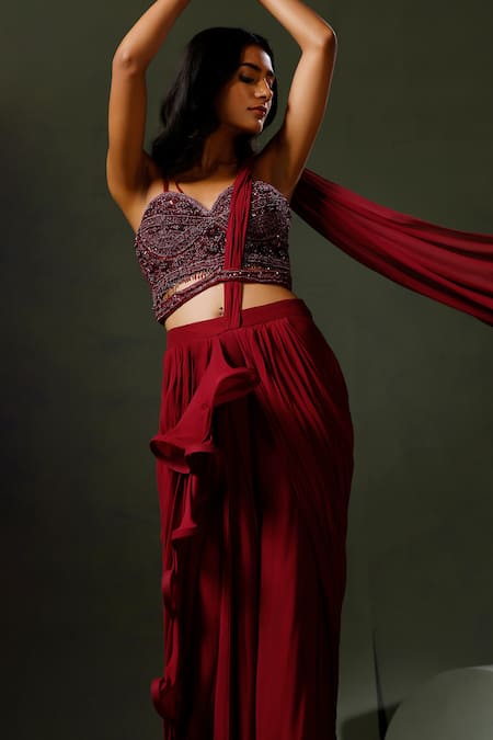 Shop Two Sisters By Gyans Wine Georgette Sequins, Embroidery Ruffle Pre-draped Saree With Blouse Online at Aza Fashions Shop_Two Sisters By Gyans_Wine Georgette Sequins, Embroidery Ruffle Pre-draped Saree With Blouse _Online_at_Aza_Fashions