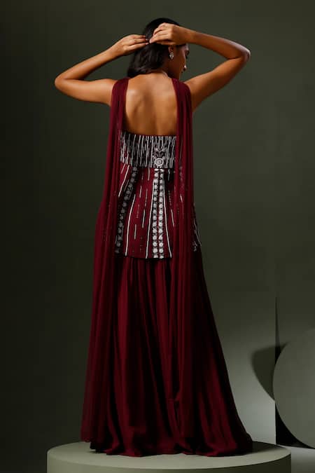 Shop Two Sisters By Gyans Wine Georgette Pearls, Sequins, Cut Work, Embroidery Peplum Top Sharara Set at Aza Fashions Shop_Two Sisters By Gyans_Wine Georgette Pearls, Sequins, Cut Work, Embroidery Peplum Top Sharara Set _at_Aza_Fashions