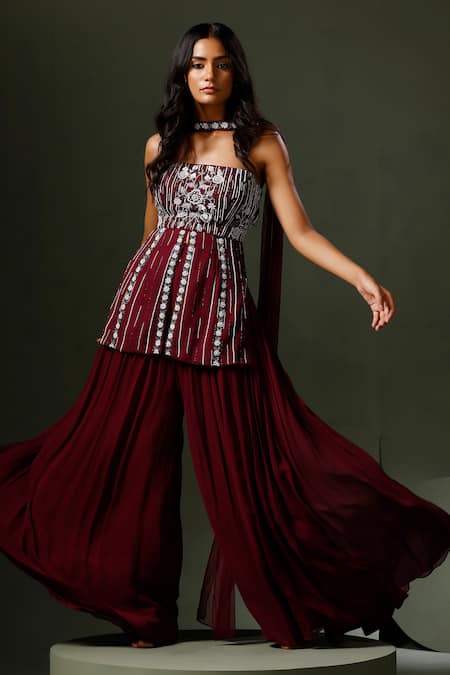 Two Sisters By Gyans Wine Georgette Pearls, Sequins, Cut Work, Embroidery Peplum Top Sharara Set Online at Aza Fashions Two Sisters By Gyans_Wine Georgette Pearls, Sequins, Cut Work, Embroidery Peplum Top Sharara Set _Online_at_Aza_Fashions