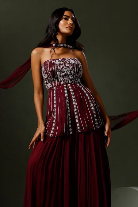 Buy Two Sisters By Gyans Wine Georgette Pearls, Sequins, Cut Work, Embroidery Peplum Top Sharara Set Online at Aza Fashions Buy_Two Sisters By Gyans_Wine Georgette Pearls, Sequins, Cut Work, Embroidery Peplum Top Sharara Set _Online_at_Aza_Fashions