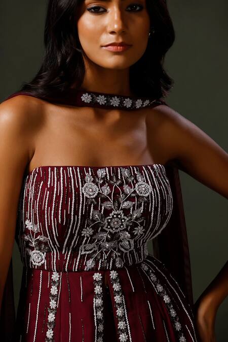 Shop Two Sisters By Gyans Wine Georgette Pearls, Sequins, Cut Work, Embroidery Peplum Top Sharara Set Online at Aza Fashions Shop_Two Sisters By Gyans_Wine Georgette Pearls, Sequins, Cut Work, Embroidery Peplum Top Sharara Set _Online_at_Aza_Fashions