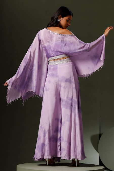 Shop_Two Sisters By Gyans_Purple Chiffon Crystals Asymmetric Tie Dye Crop Top And Sharara Set _at_Aza_Fashions