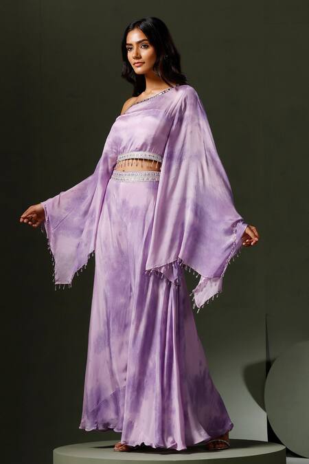 Two Sisters By Gyans_Purple Chiffon Crystals Asymmetric Tie Dye Crop Top And Sharara Set _Online_at_Aza_Fashions