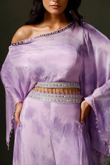 Buy_Two Sisters By Gyans_Purple Chiffon Crystals Asymmetric Tie Dye Crop Top And Sharara Set _Online_at_Aza_Fashions