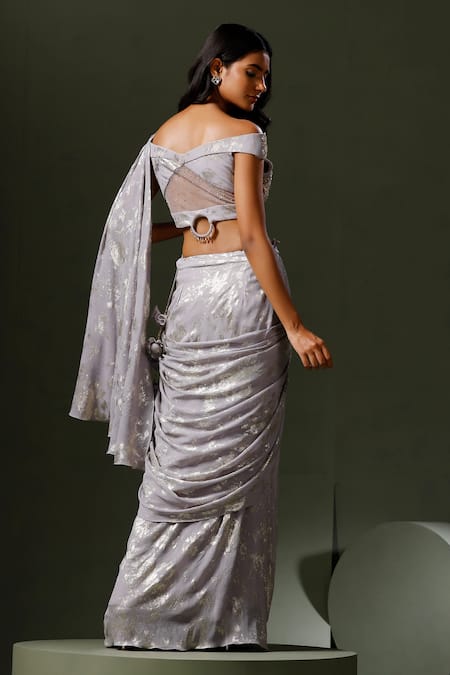 Shop Two Sisters By Gyans Grey Georgette Embroidery, Foil Printing Sweetheart Pre-draped Saree With Blouse at Aza Fashions Shop_Two Sisters By Gyans_Grey Georgette Embroidery, Foil Printing Sweetheart Pre-draped Saree With Blouse _at_Aza_Fashions