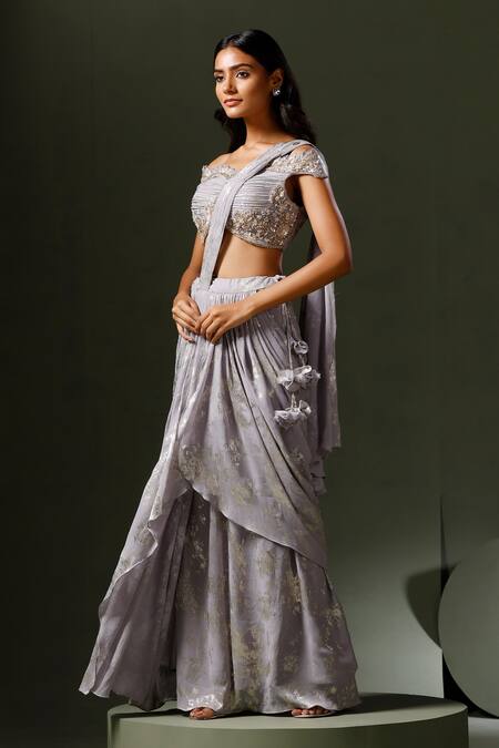 Two Sisters By Gyans Grey Georgette Embroidery, Foil Printing Sweetheart Pre-draped Saree With Blouse Online at Aza Fashions Two Sisters By Gyans_Grey Georgette Embroidery, Foil Printing Sweetheart Pre-draped Saree With Blouse _Online_at_Aza_Fashions
