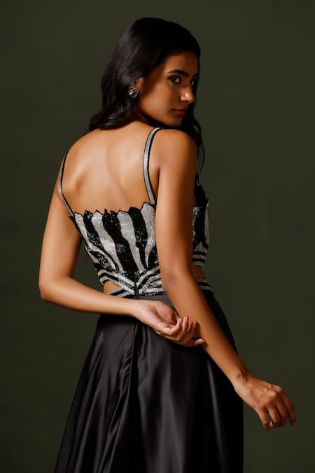 Shop Two Sisters By Gyans Black Satin, Silk Cut Work Asymmetric, Round Neck Kamal Embroidered Gown at Aza Fashions Shop_Two Sisters By Gyans_Black Satin, Silk Cut Work Asymmetric, Round Neck Kamal Embroidered Gown _at_Aza_Fashions