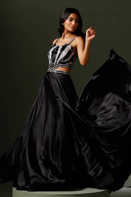 Two Sisters By Gyans Black Satin, Silk Cut Work Asymmetric, Round Neck Kamal Embroidered Gown Online at Aza Fashions Two Sisters By Gyans_Black Satin, Silk Cut Work Asymmetric, Round Neck Kamal Embroidered Gown _Online_at_Aza_Fashions