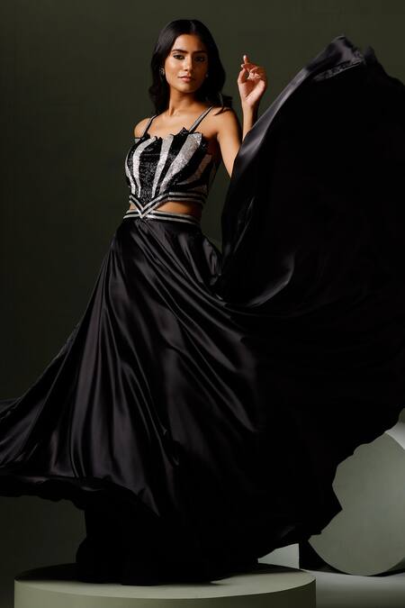 Elegant Black Satin Prom Dresses 2023 Ball Gown Square Neckline Puffy Short  Sleeve Bow Backless Floor-