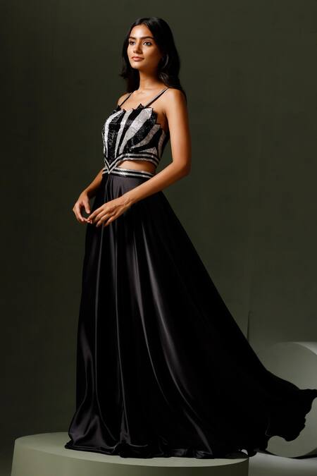 Shop Two Sisters By Gyans Black Satin, Silk Cut Work Asymmetric, Round Neck Kamal Embroidered Gown Online at Aza Fashions Shop_Two Sisters By Gyans_Black Satin, Silk Cut Work Asymmetric, Round Neck Kamal Embroidered Gown _Online_at_Aza_Fashions