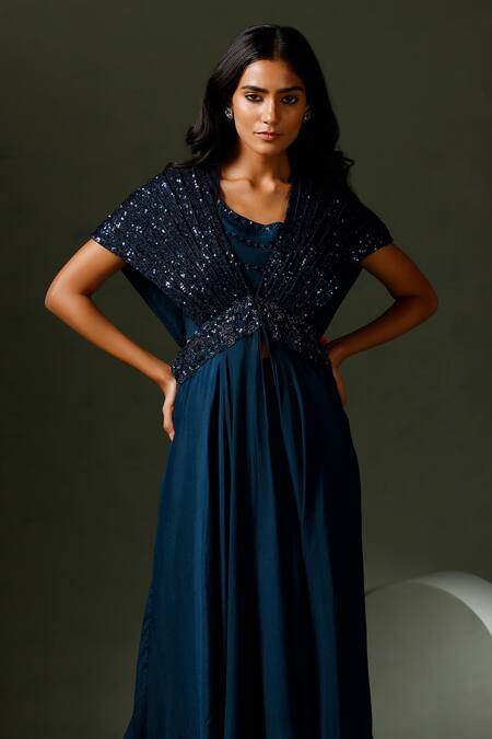 Two Sisters By Gyans_Blue Chiffon Sequins, Cut Work Round Neck Embroidered Cape Sharara Set_Online_at_Aza_Fashions