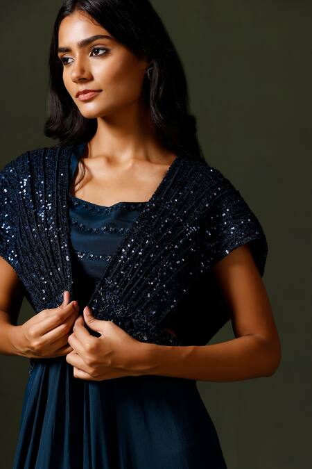 Buy_Two Sisters By Gyans_Blue Chiffon Sequins, Cut Work Round Neck Embroidered Cape Sharara Set_Online_at_Aza_Fashions