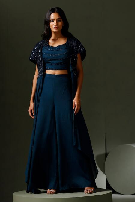 Shop_Two Sisters By Gyans_Blue Chiffon Sequins, Cut Work Round Neck Embroidered Cape Sharara Set_Online_at_Aza_Fashions