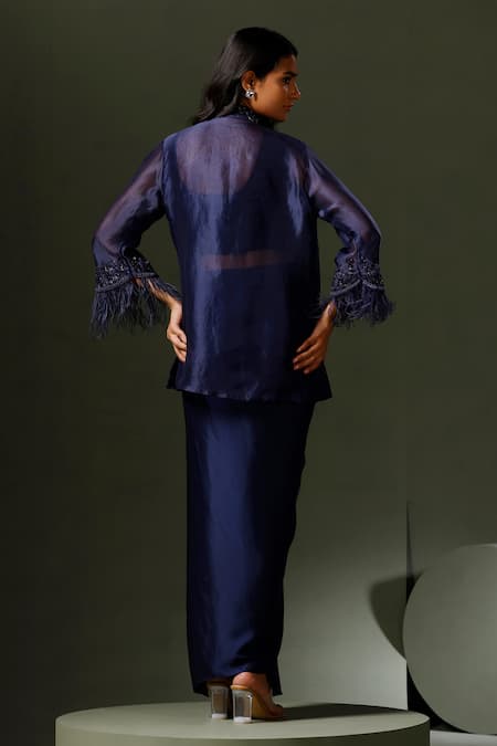 Shop Two Sisters By Gyans Blue Organza, Satin Beads, Sequins, Cut Work Embroidered Jacket Draped Skirt Set at Aza Fashions Shop_Two Sisters By Gyans_Blue Organza, Satin Beads, Sequins, Cut Work Embroidered Jacket Draped Skirt Set _at_Aza_Fashions