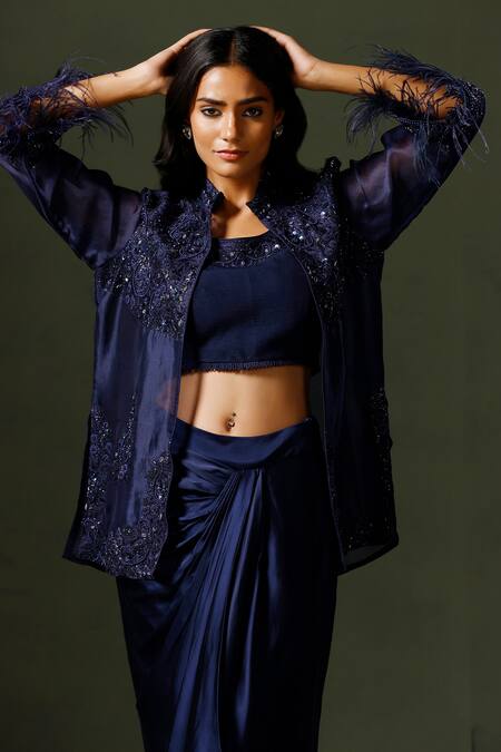 Buy Two Sisters By Gyans Blue Organza, Satin Beads, Sequins, Cut Work Embroidered Jacket Draped Skirt Set Online at Aza Fashions Buy_Two Sisters By Gyans_Blue Organza, Satin Beads, Sequins, Cut Work Embroidered Jacket Draped Skirt Set _Online_at_Aza_Fashions