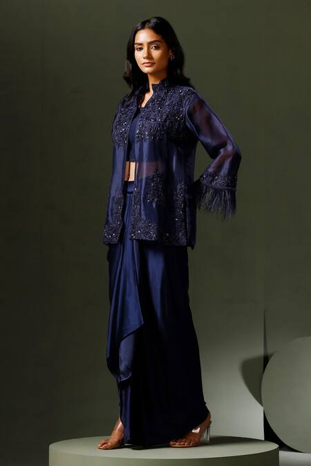 Shop Two Sisters By Gyans Blue Organza, Satin Beads, Sequins, Cut Work Embroidered Jacket Draped Skirt Set Online at Aza Fashions Shop_Two Sisters By Gyans_Blue Organza, Satin Beads, Sequins, Cut Work Embroidered Jacket Draped Skirt Set _Online_at_Aza_Fashions