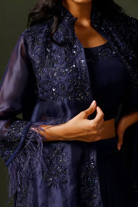 Two Sisters By Gyans Blue Organza, Satin Beads, Sequins, Cut Work Embroidered Jacket Draped Skirt Set at Aza Fashions Two Sisters By Gyans_Blue Organza, Satin Beads, Sequins, Cut Work Embroidered Jacket Draped Skirt Set _at_Aza_Fashions