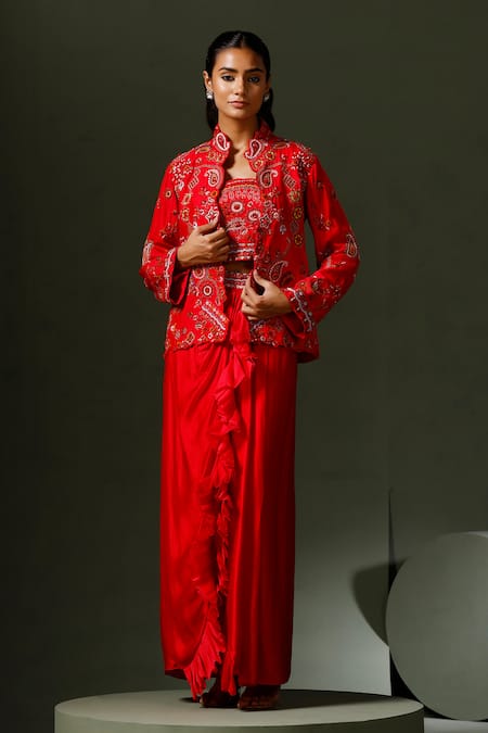 Two Sisters By Gyans Red Jacket And Blouse Raw Silk Paisley Cape Draped Skirt Set 