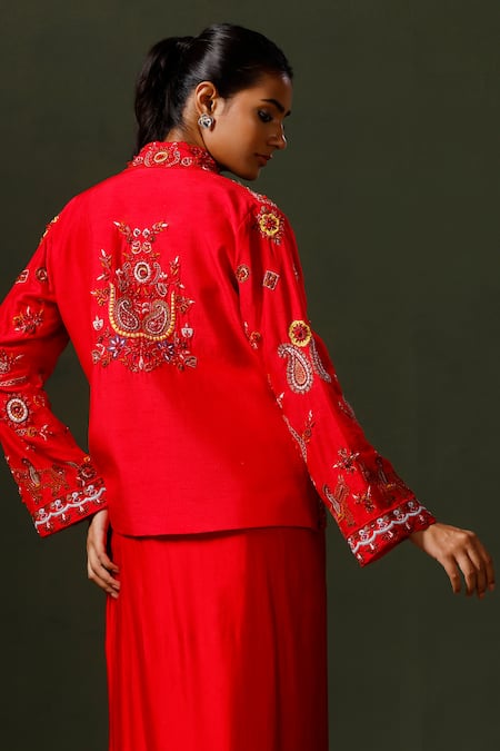 Shop_Two Sisters By Gyans_Red Silk Cut Work, Beads Square Neck, Paisley Embroidered Cape Draped Skirt Set _at_Aza_Fashions