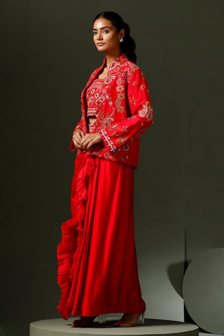 Two Sisters By Gyans_Red Silk Cut Work, Beads Square Neck, Paisley Embroidered Cape Draped Skirt Set _Online_at_Aza_Fashions