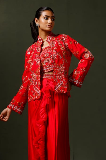 Buy_Two Sisters By Gyans_Red Silk Cut Work, Beads Square Neck, Paisley Embroidered Cape Draped Skirt Set _Online_at_Aza_Fashions