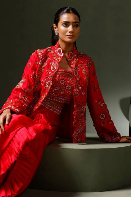 Shop_Two Sisters By Gyans_Red Silk Cut Work, Beads Square Neck, Paisley Embroidered Cape Draped Skirt Set _Online_at_Aza_Fashions